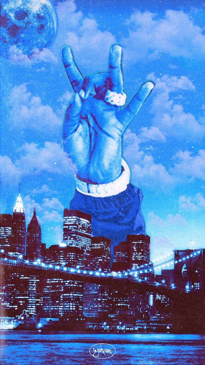 IPhone wallpaper of the hand from the cover of Biggie's album 'Life After Death' in front of the Brooklyn Bridge - Blue, Pop Smoke