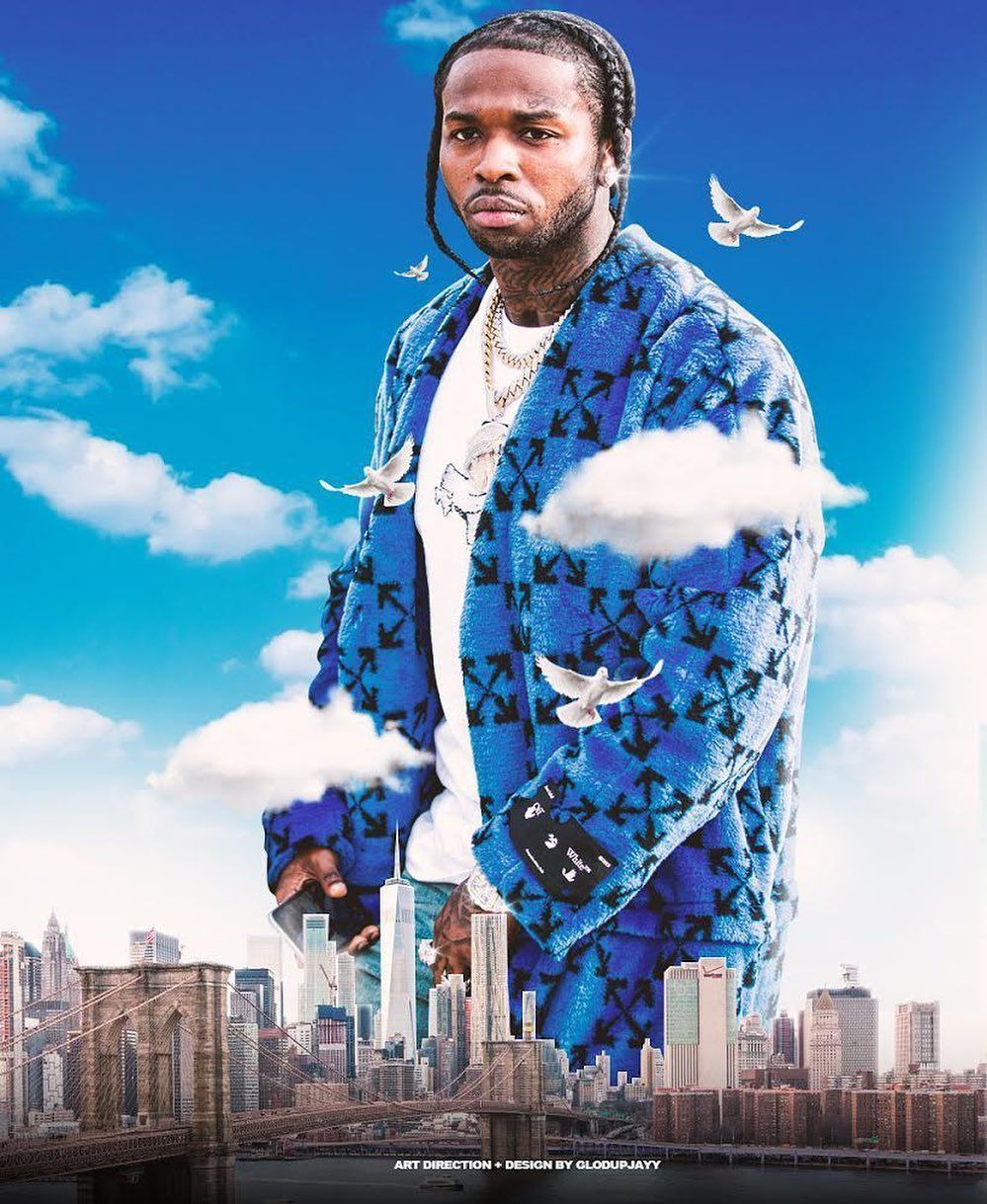 A poster for the movie, featuring rapper in blue jacket - Pop Smoke