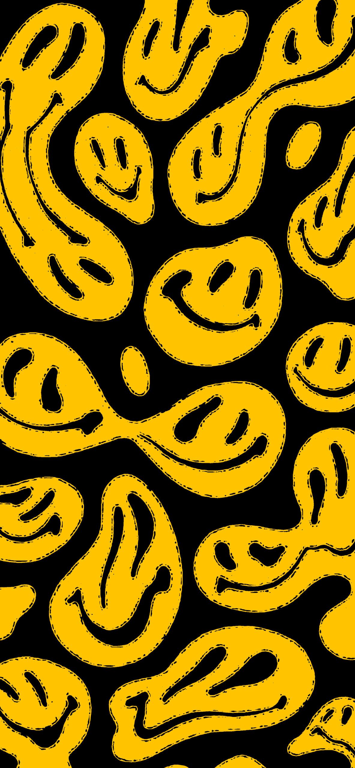 A yellow and black pattern of smiley faces - Smile, yellow iphone, dark