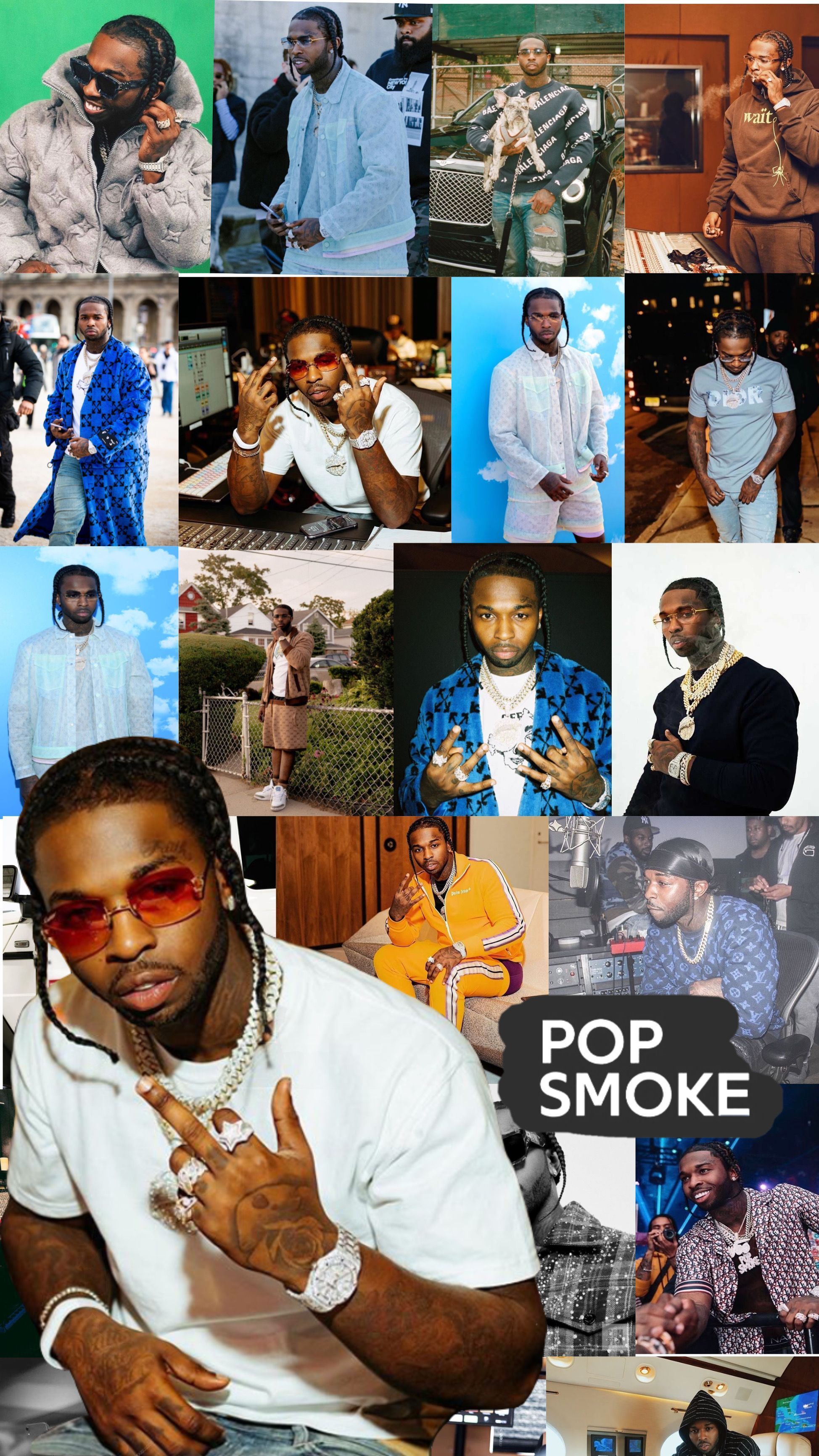A collage of pictures with the same person in them - Pop Smoke, collage