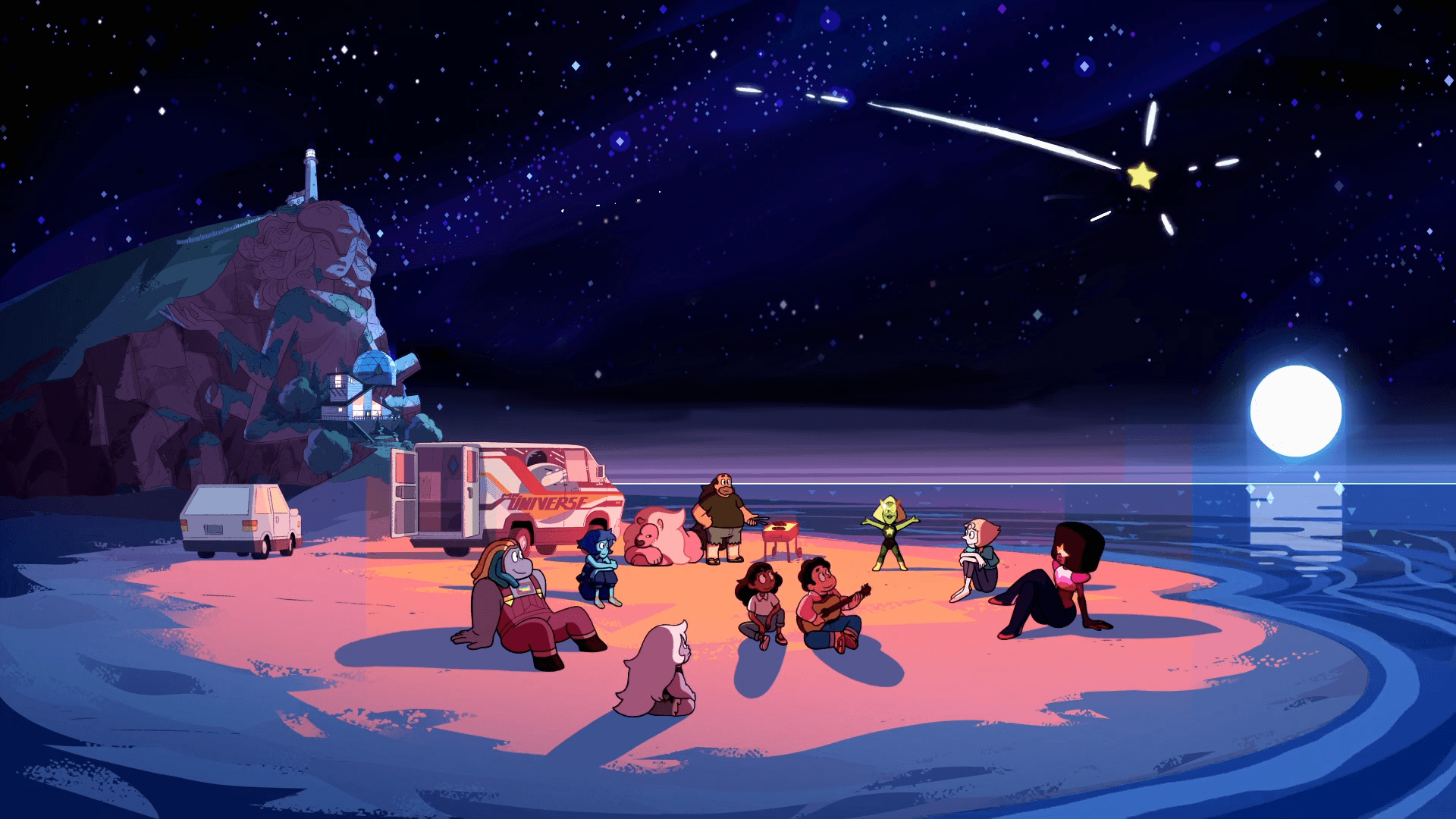 A group of people standing on the beach - Steven Universe