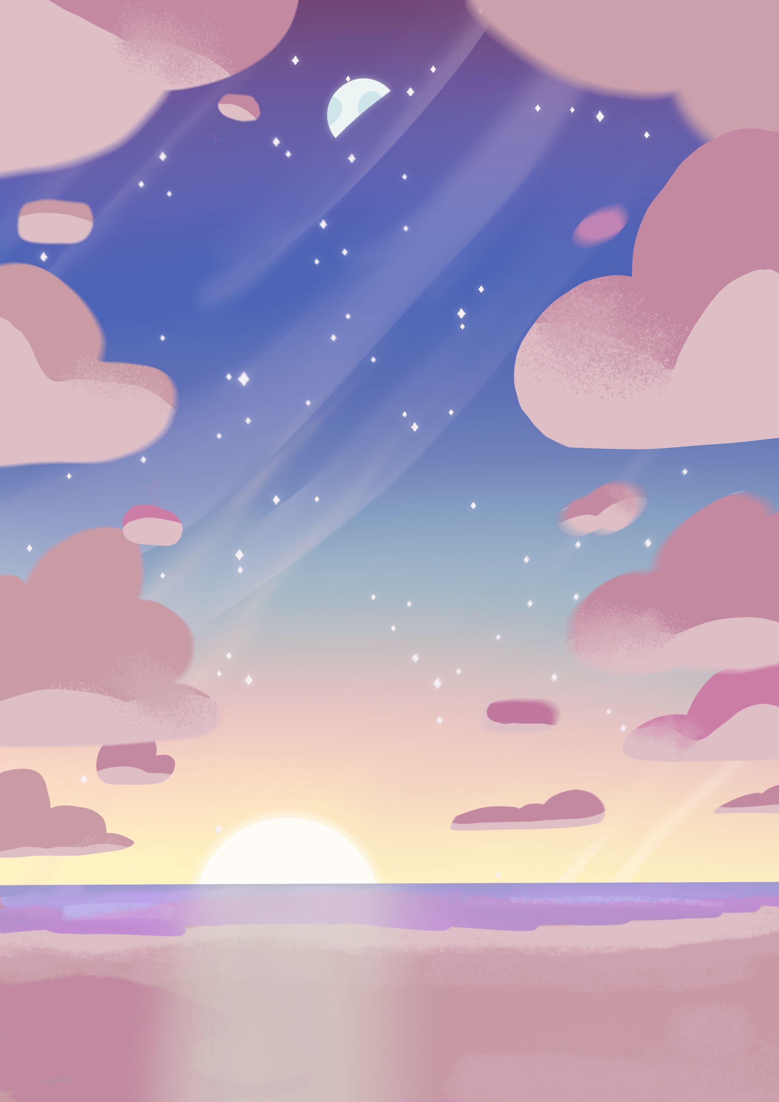 A digital painting of a sunset over a body of water with a half moon in the sky - Steven Universe