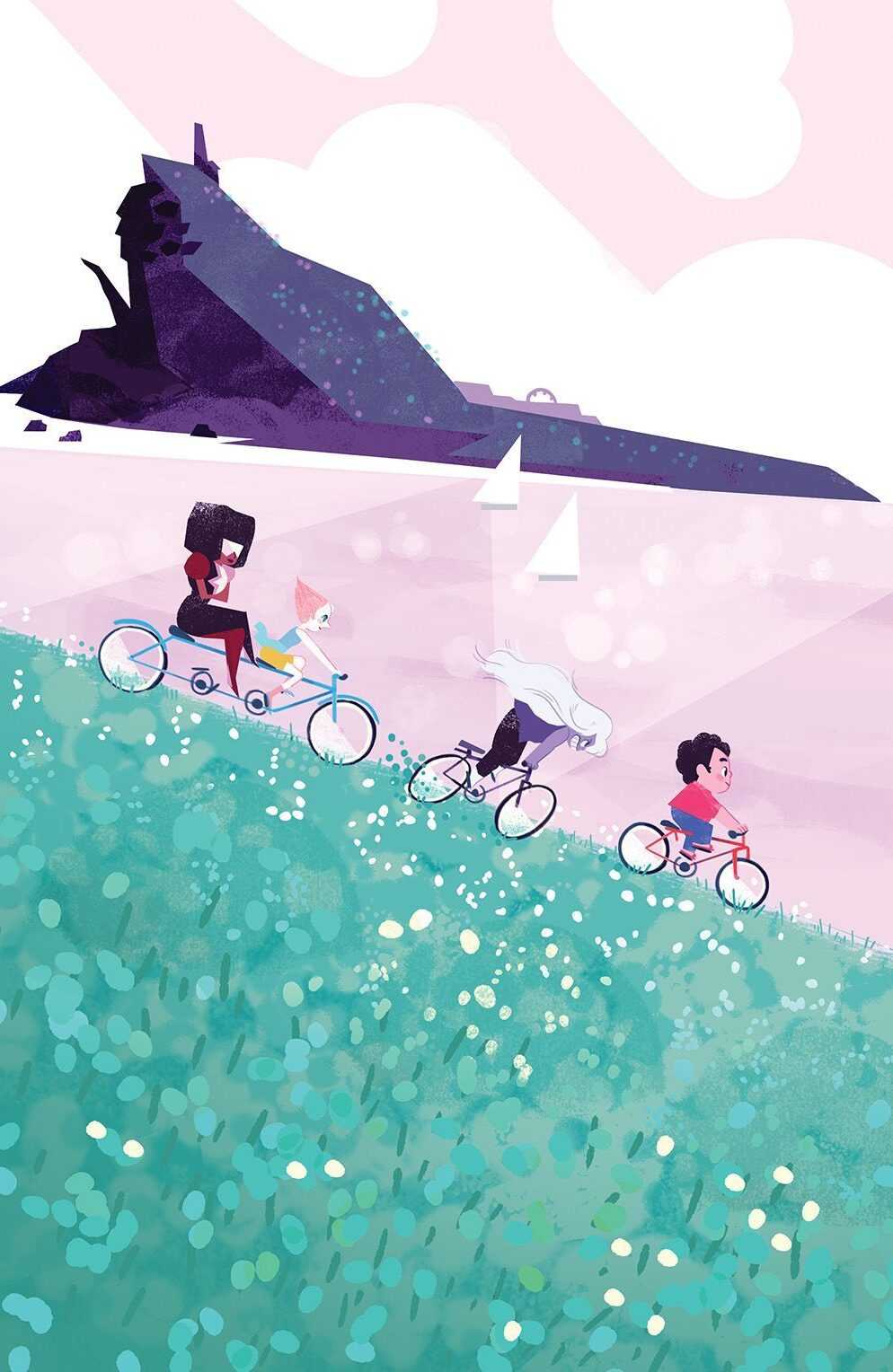 A cartoon of people riding bikes on grass - Steven Universe