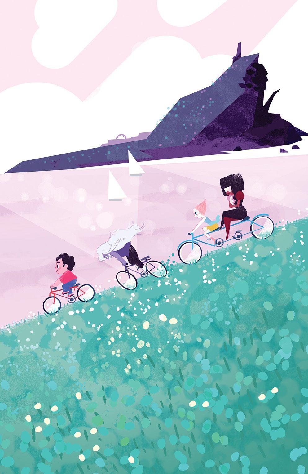 A group of people riding bikes on top grass - Steven Universe