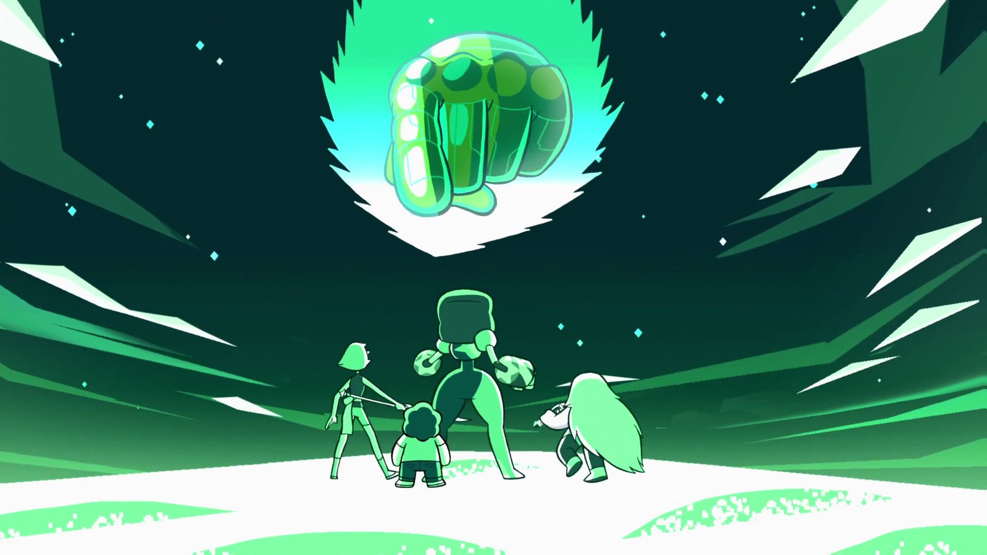 A cartoon of people standing in front an alien - Steven Universe