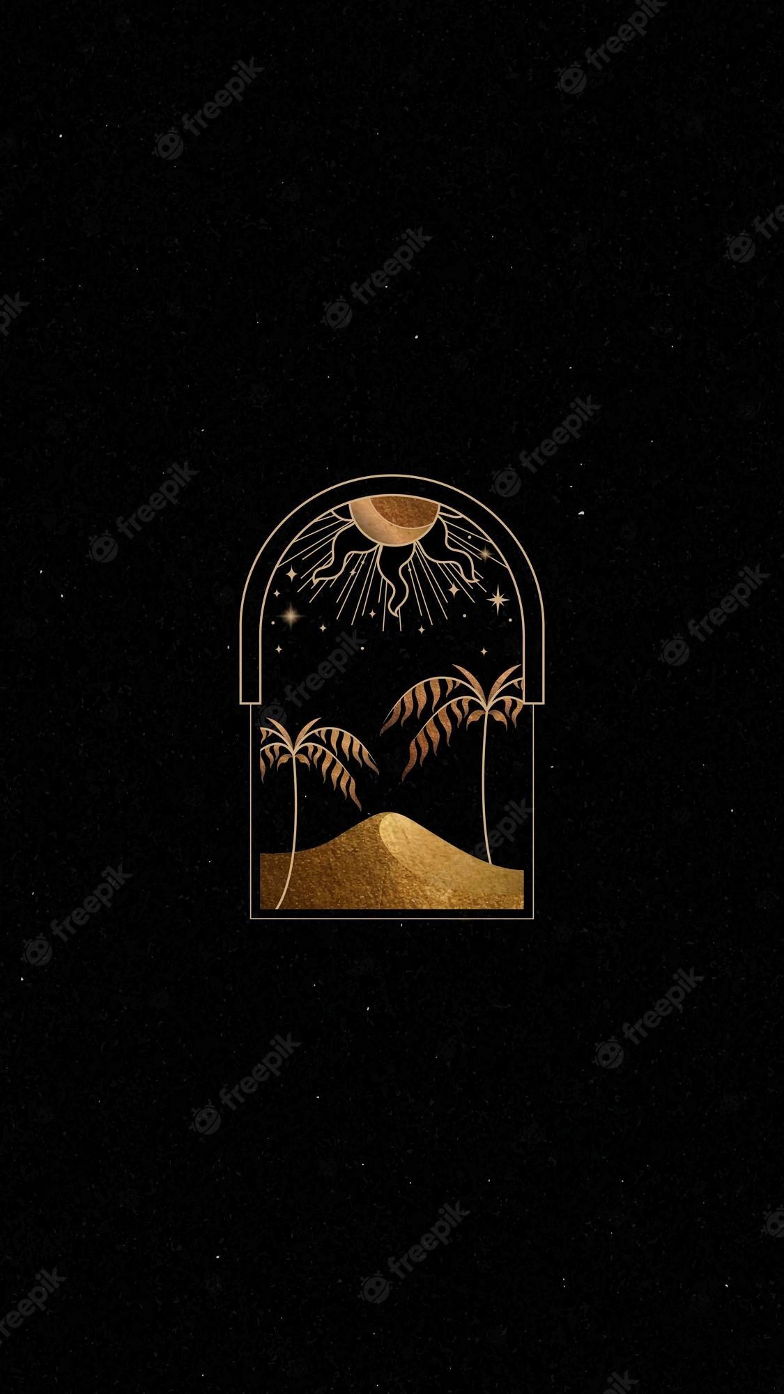 Aesthetic black and gold background with a landscape of the sun, moon, stars, and palm trees - Black phone