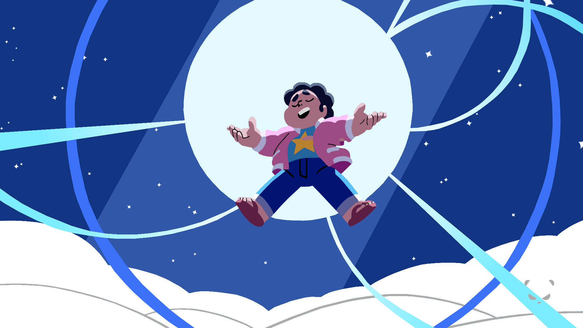 A boy in a pink jacket jumps in the air in front of a full moon. - Steven Universe