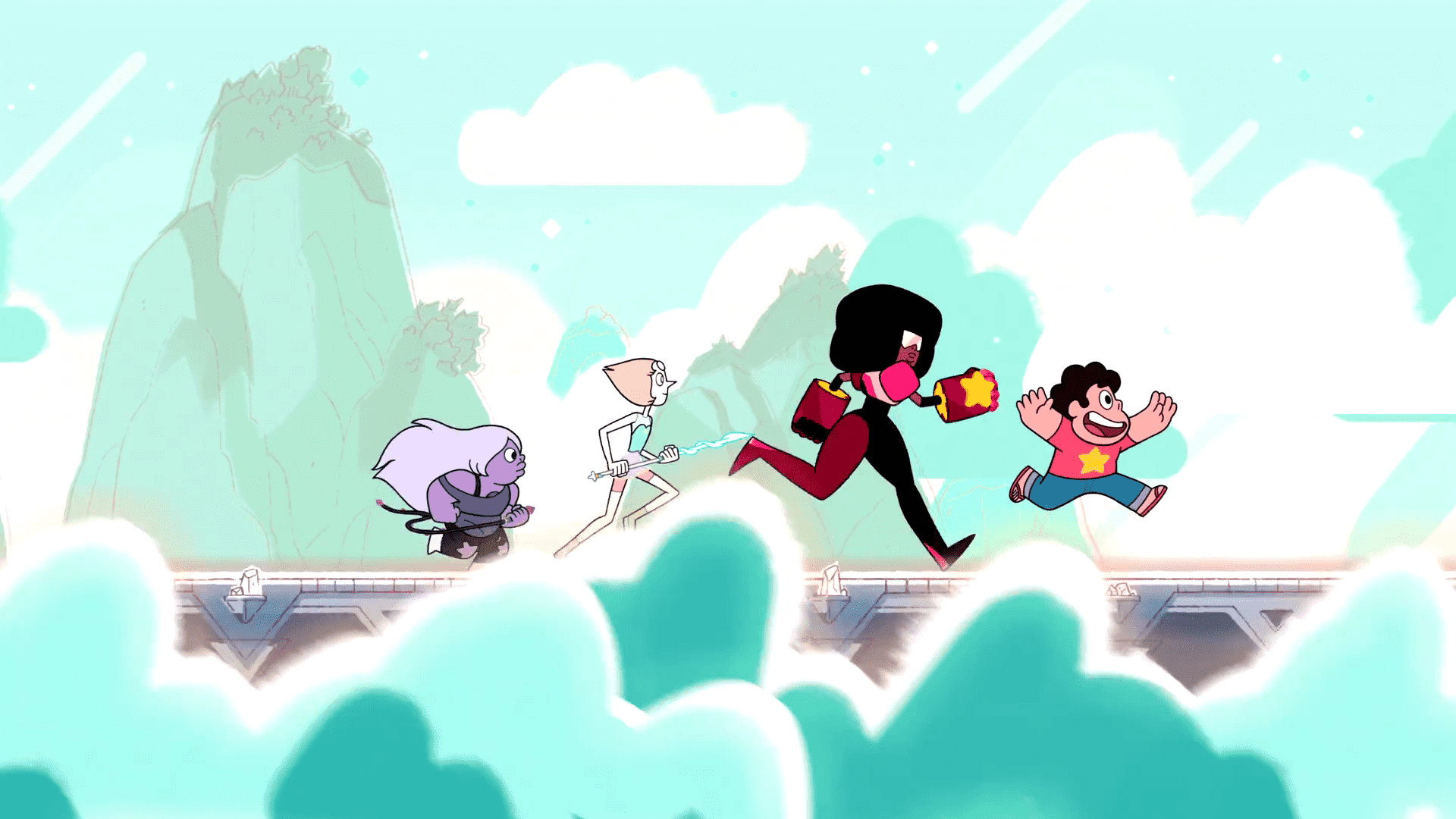 A cartoon of three people running on top - Steven Universe