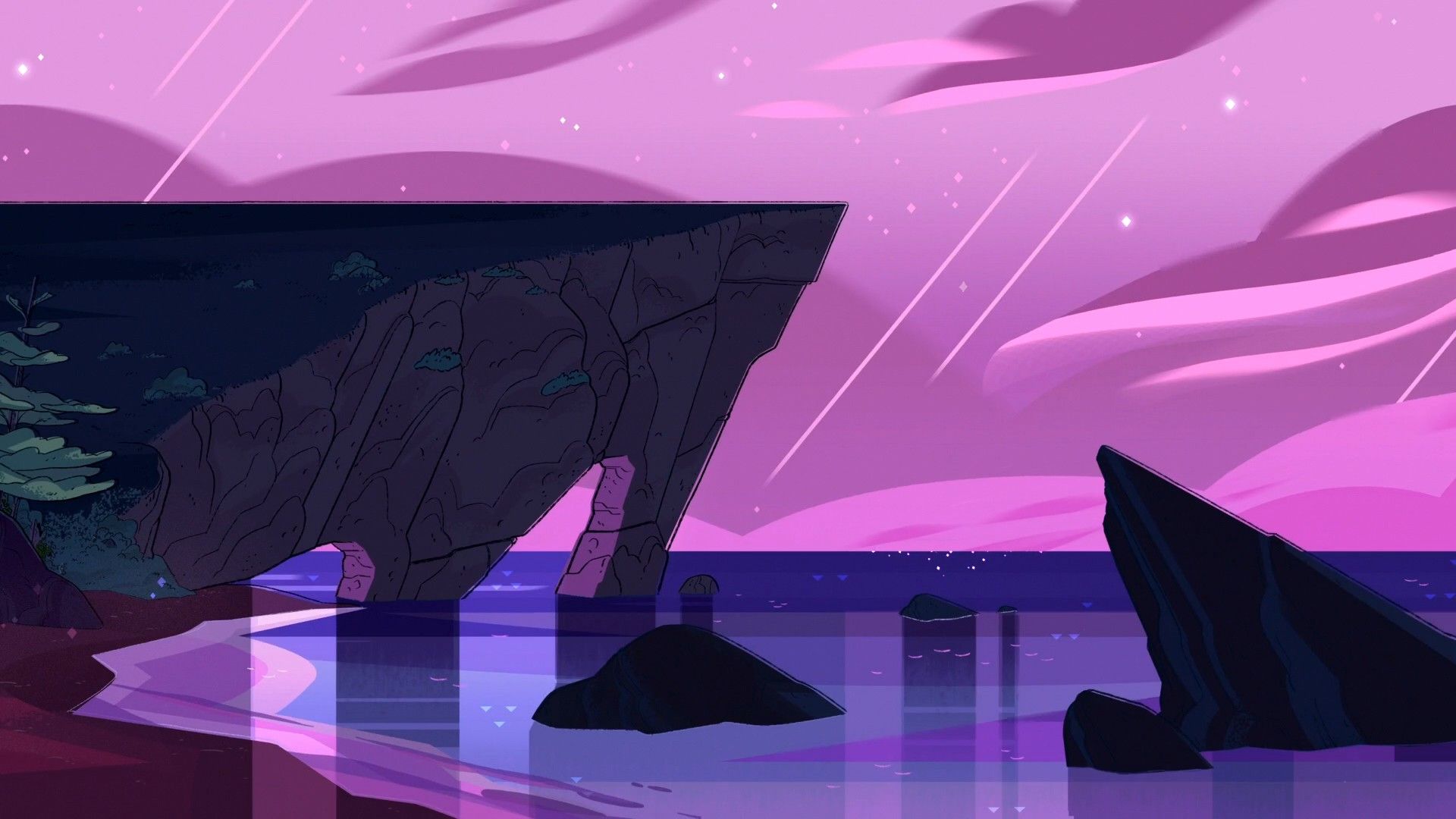 Steven Universe A Rock Mountain Near Water With Background Of Dark Pink Sky HD Movies Wallpaper