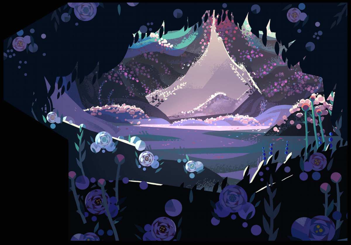 A digital painting of a cave with flowers and a mountain in the background - Steven Universe