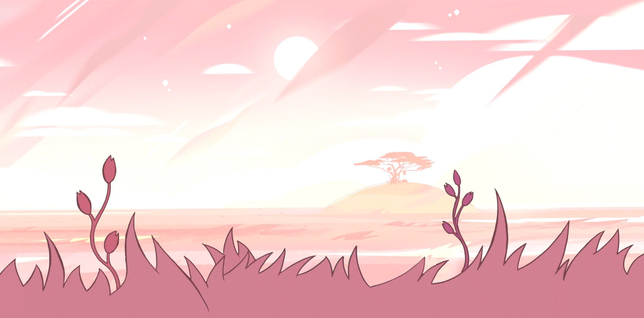 A pink sky with clouds and grass - Steven Universe