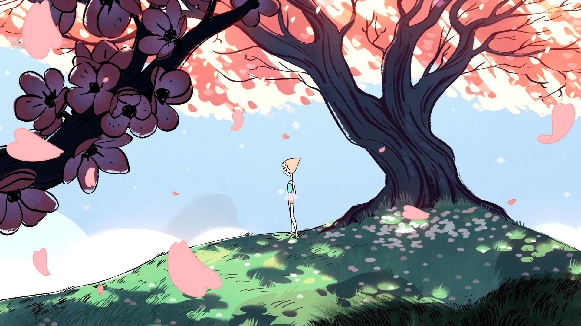 A pink haired girl stands under a cherry blossom tree - Steven Universe