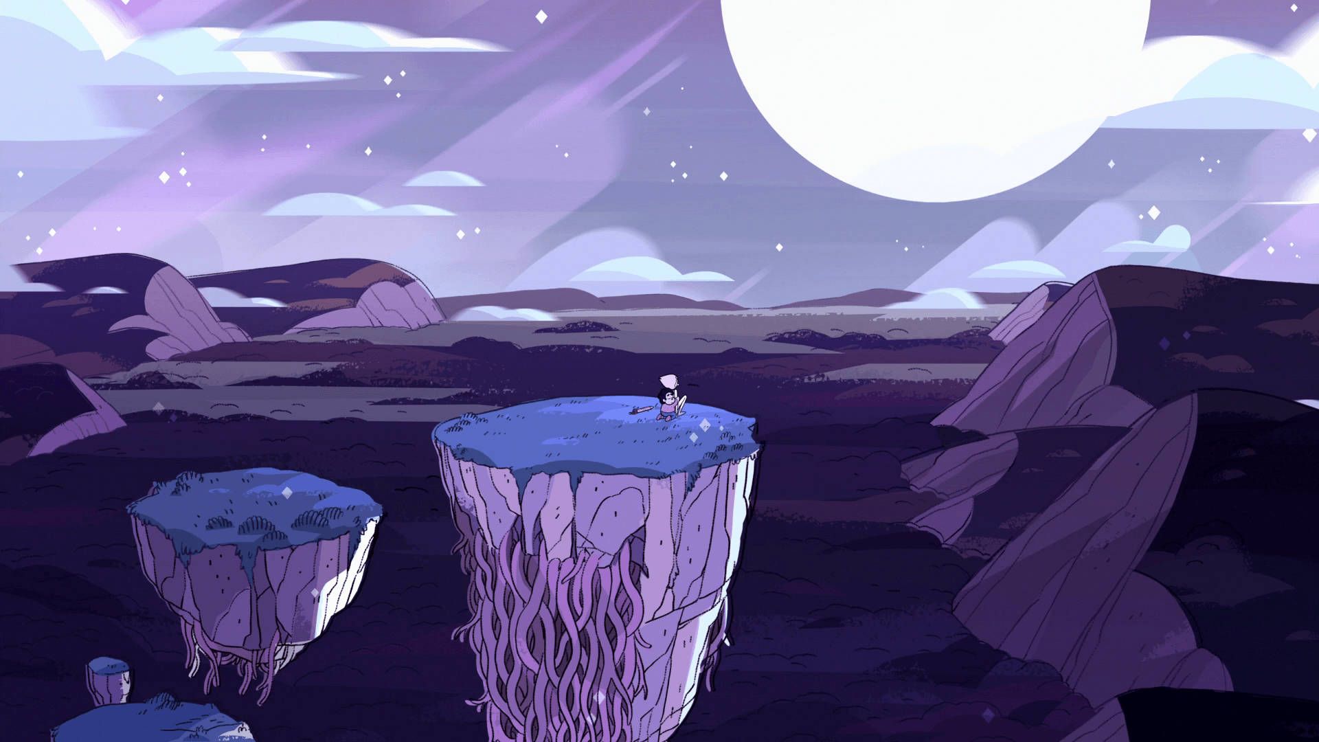 A cartoon of two people on top rocks - Steven Universe