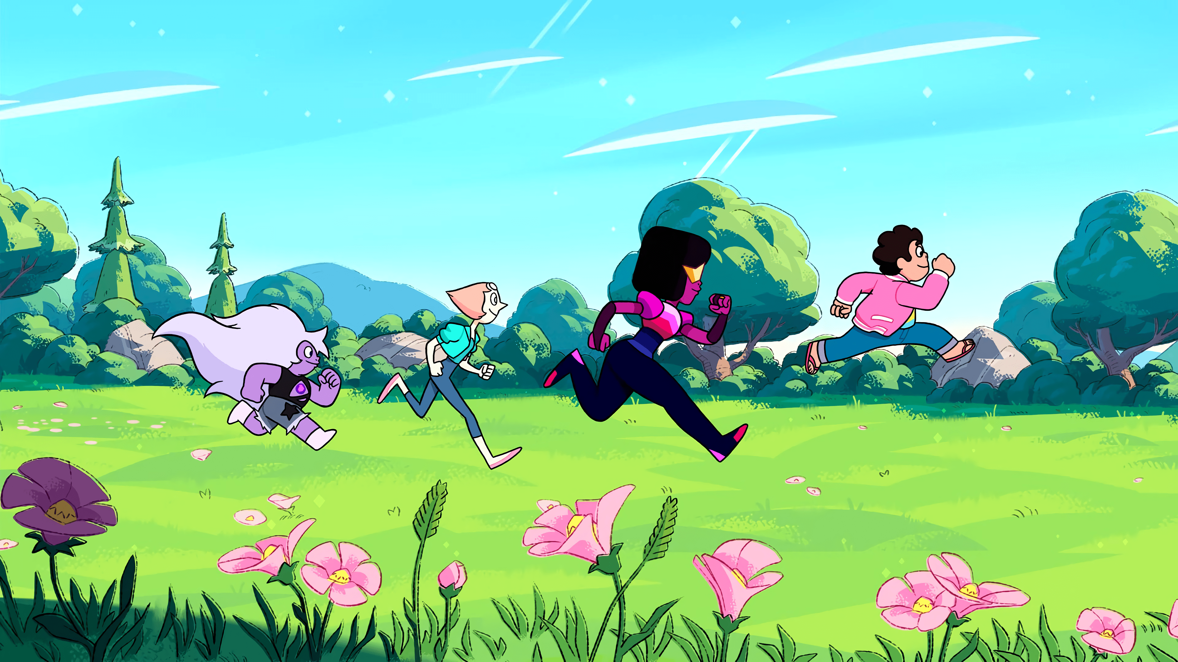 Steven Universe characters run through a field of flowers. - Steven Universe