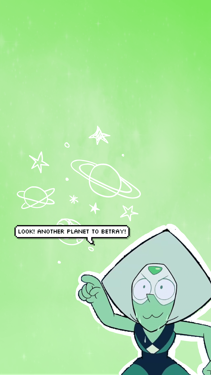 Peridot from Steven Universe, pointing at a speech bubble that says 