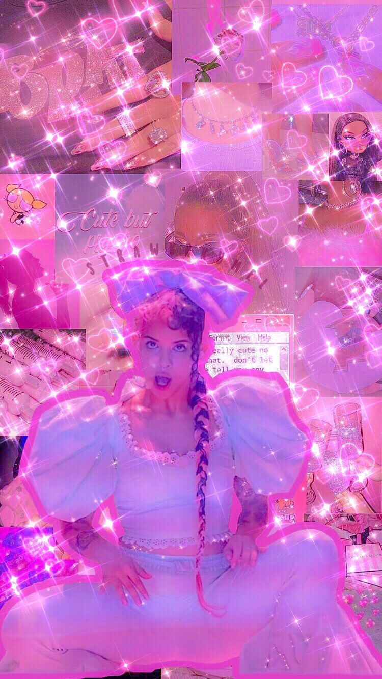 Aesthetic background of a girl with pink lights and pictures of other girls. - Melanie Martinez