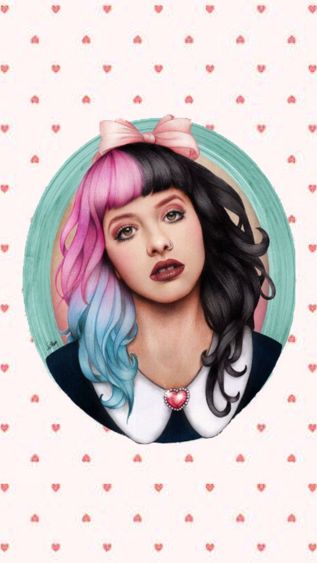 A girl with pink and blue hair in front of hearts - Melanie Martinez