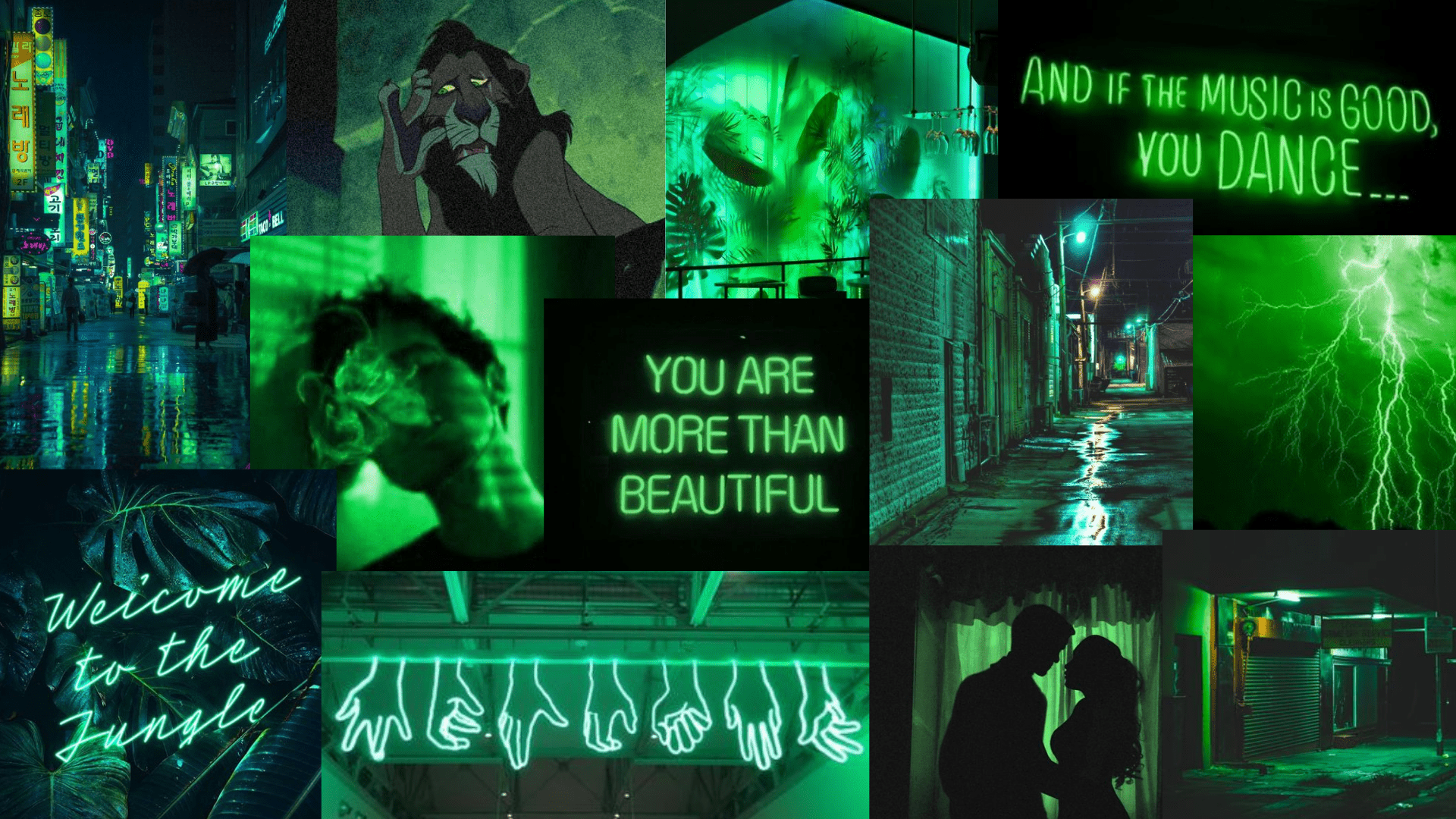 A collage of different green aesthetic pictures - Neon green, lime green