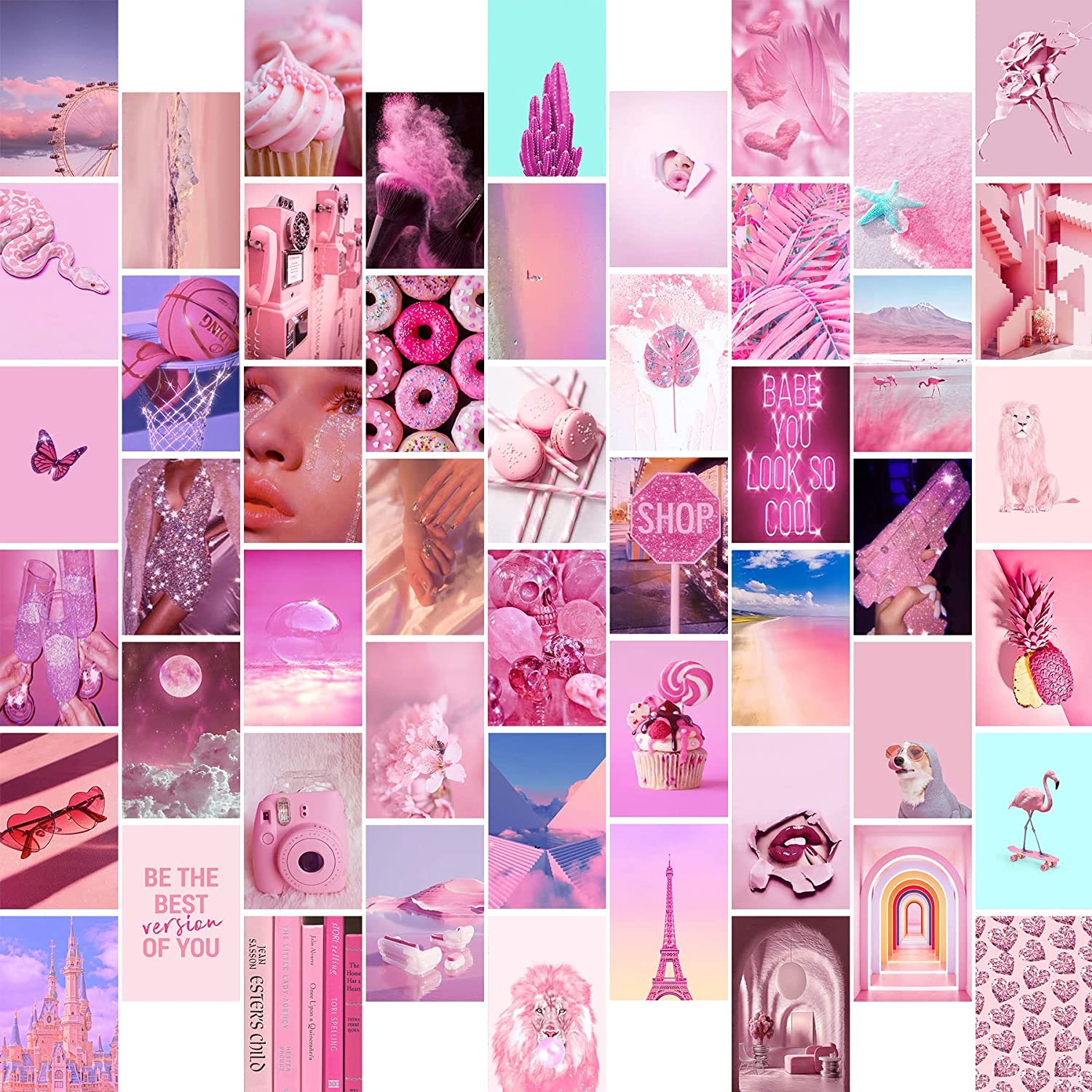 Pink aesthetic wall collage kit for girls room decor, 50 photos, pink and blue, pink and purple, flamingo, for a girly bedroom, teen room decor, photo wall, pink aesthetic pictures - Pink collage