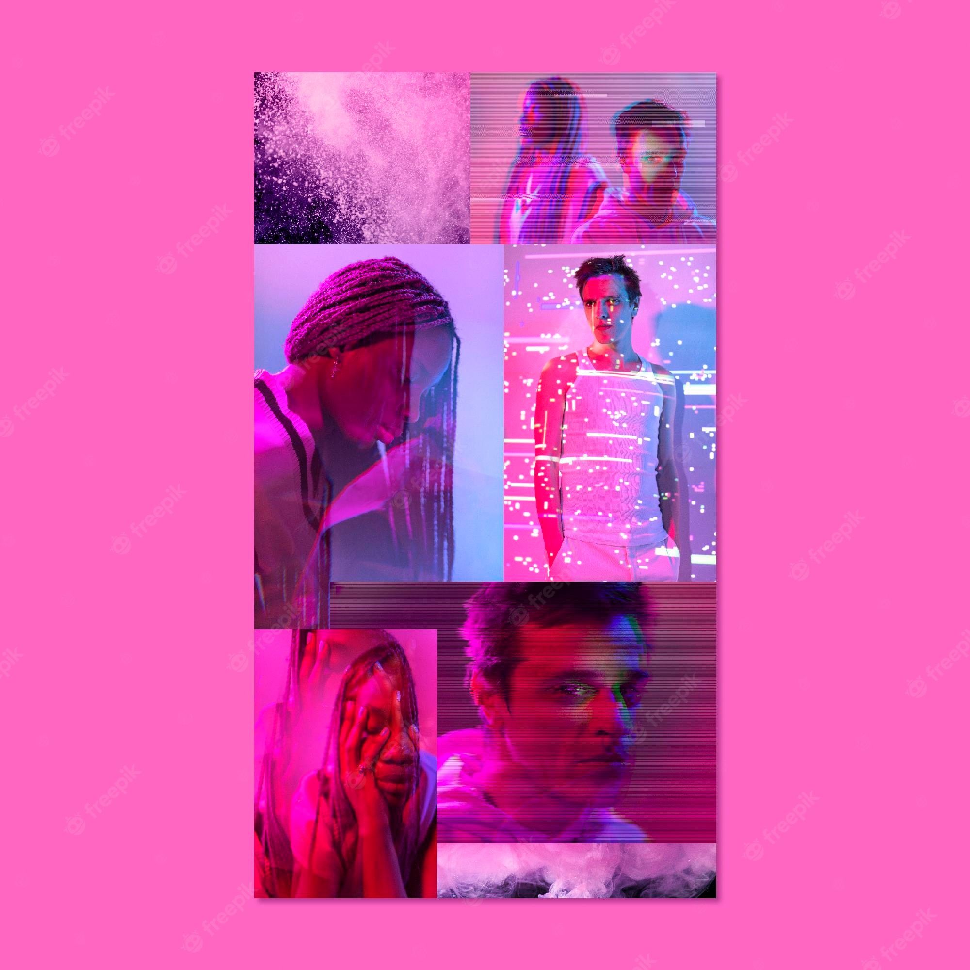 Aesthetic image with pink and purple colors, showing a man and woman in different poses and expressions. - Pink collage