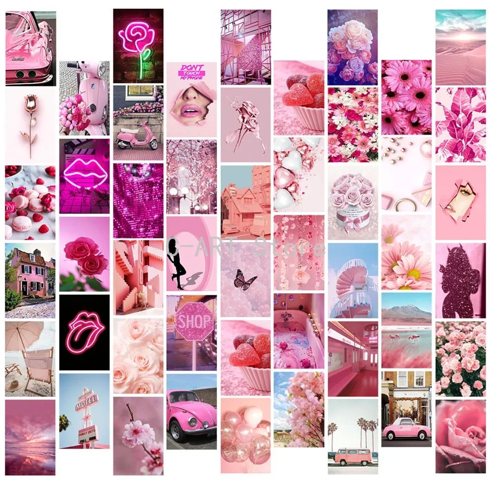 50pcs Photo Collage Kit Cute Girl Pink Aesthetic Postcard Cute Car Rose Flower Poster For Indie Bathroom Girl S Room Decoration