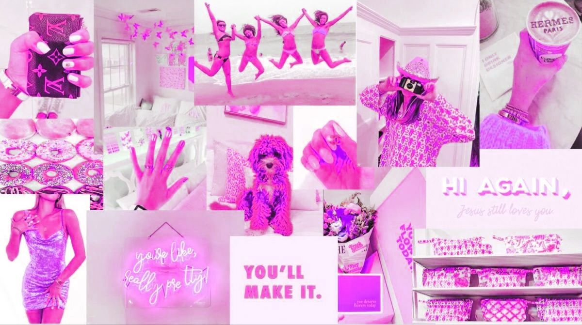 A collage of pink aesthetic images including a dog, a phone, and a room. - Pink collage