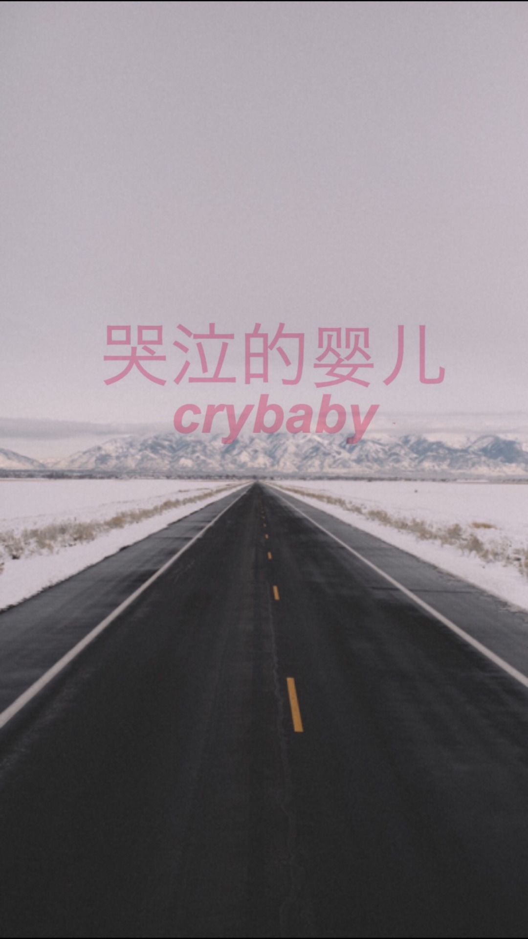 A road in winter with the words '哭泣的婴儿 crybaby' in pink. - Melanie Martinez