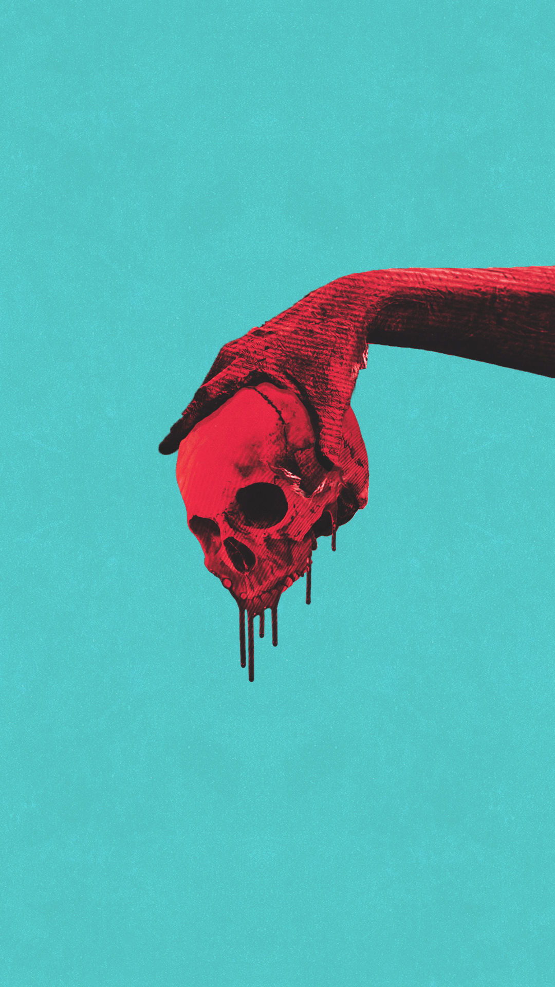 A red hand holds a dripping red skull against a blue background - Skull