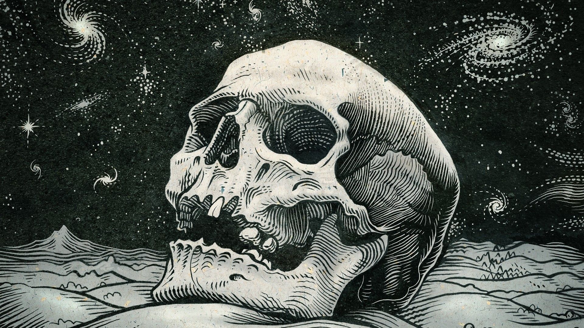 A drawing of an old skull in the sand - Skull
