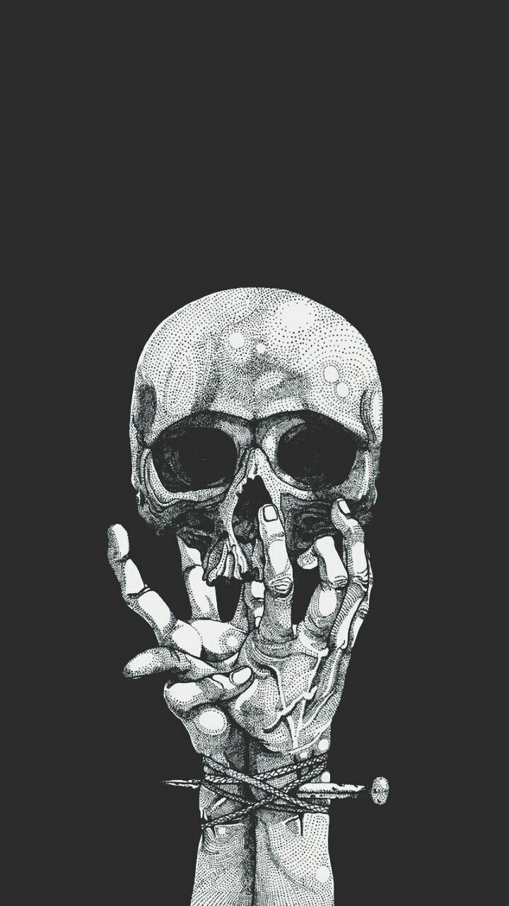 A black and white drawing of the skull holding hands - Skull