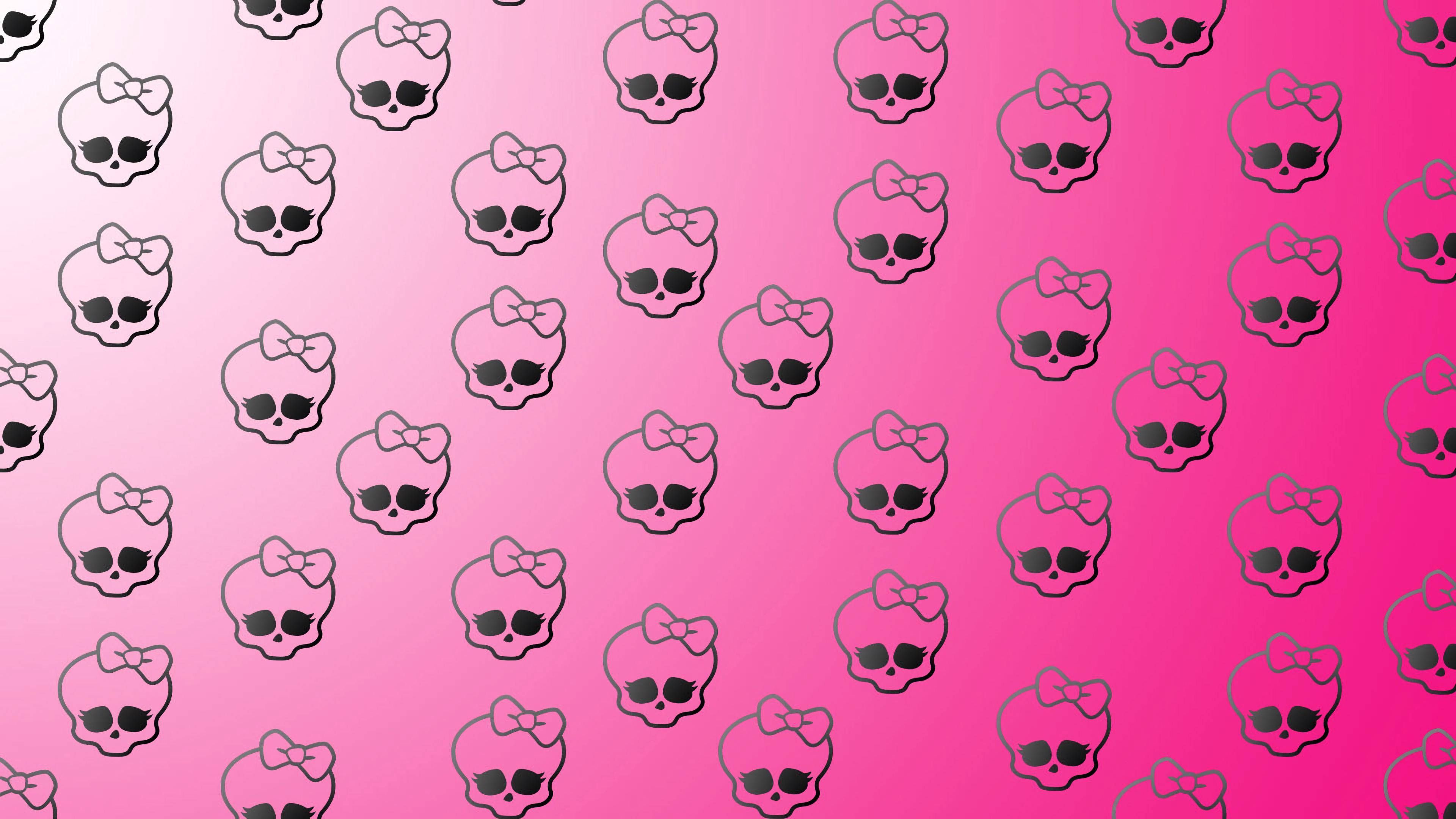 A pattern of pink skulls with sunglasses and bows on a pink gradient background - Skull