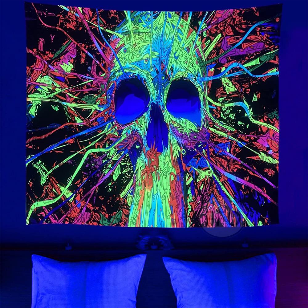 Colorful Hippie Skull Black Light Tapestry Uv Reactive Psychedelic Blacklight Wall Tapestry Neon Room Decor Aesthetic Wallpaper