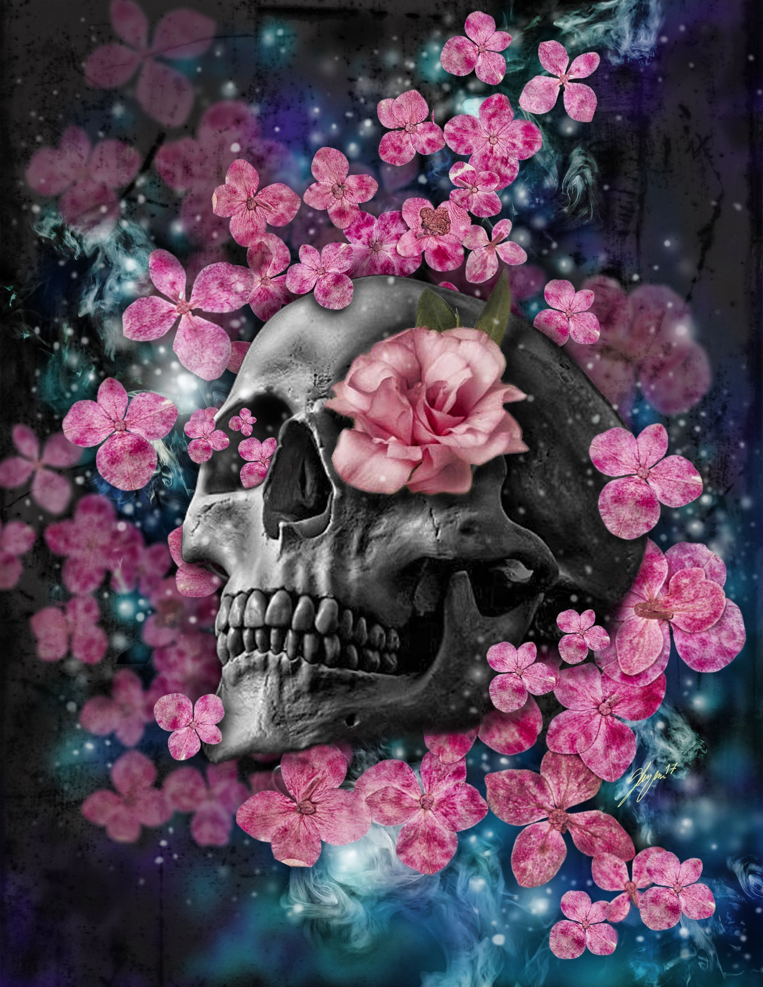 A skull with pink flowers and stars - Skull