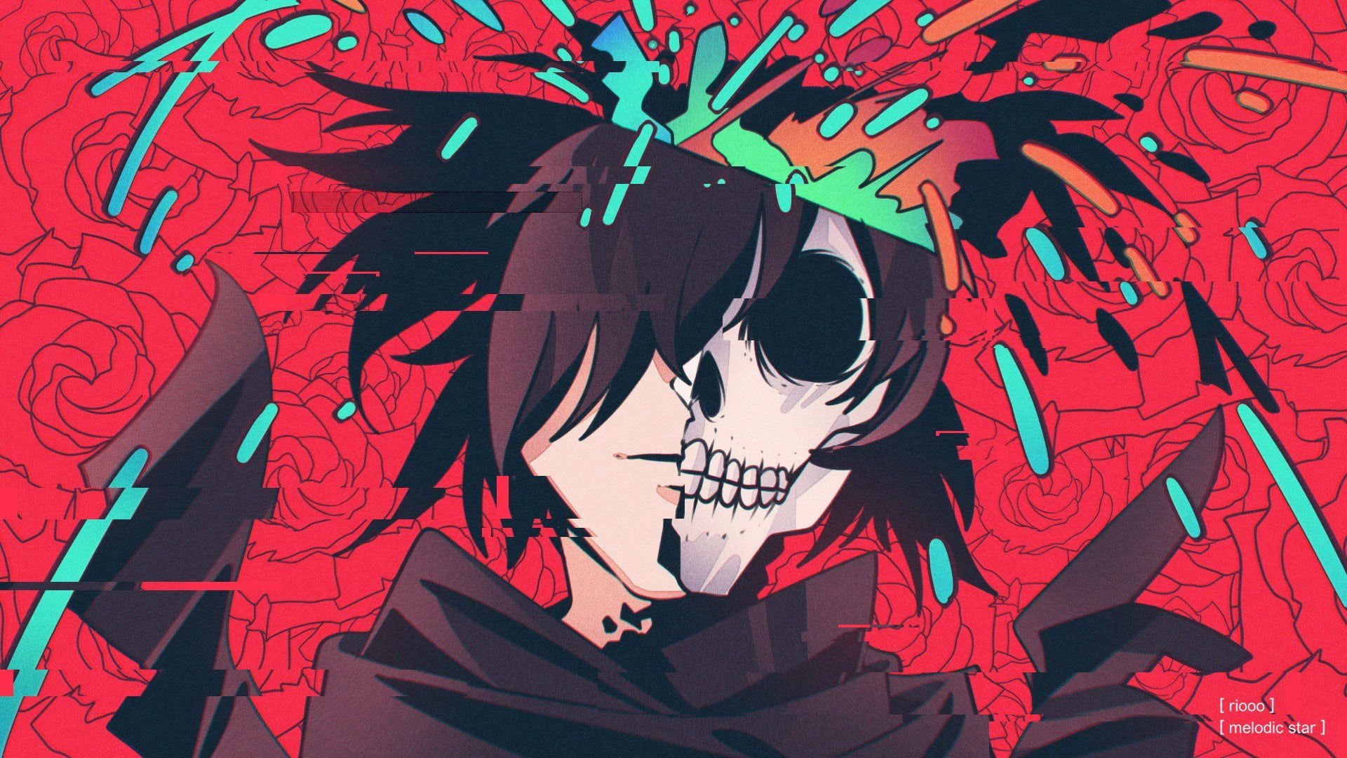 A person with black hair and red roses in the background - Skull