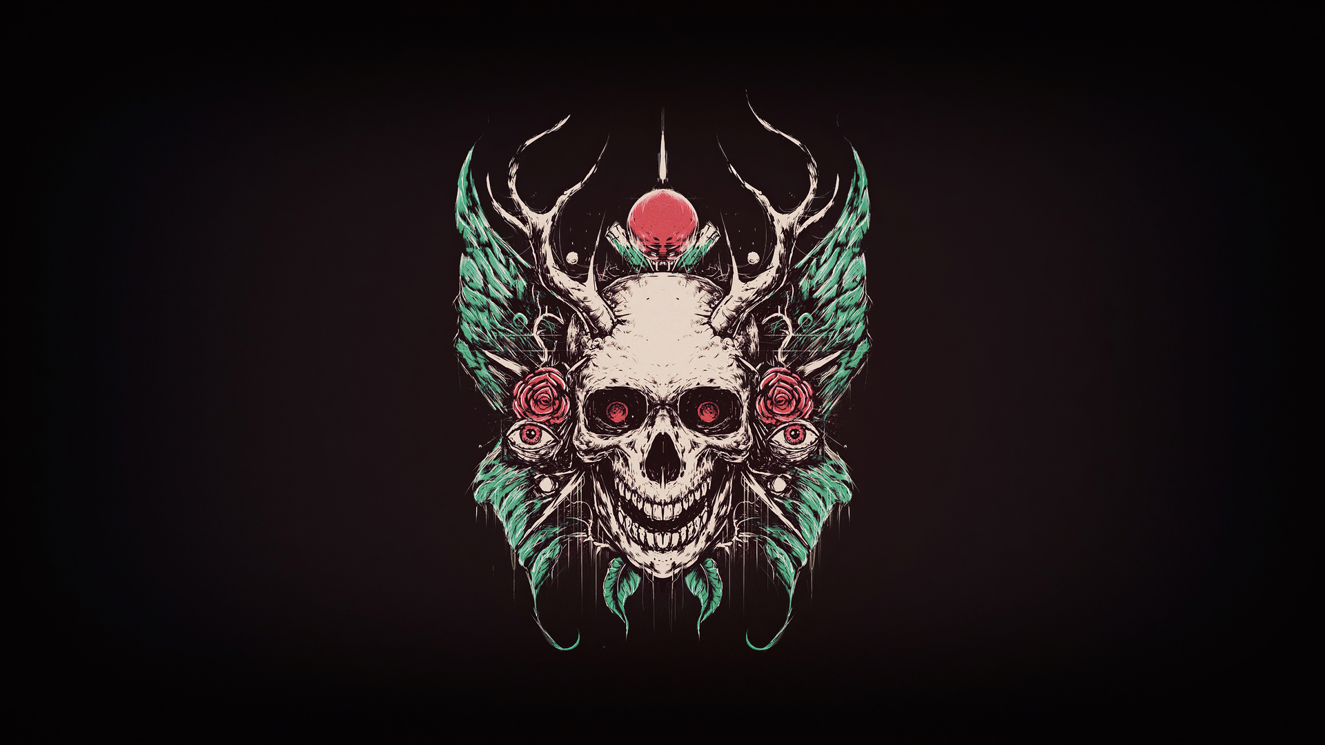 A skull with wings and roses on a black background - Skull