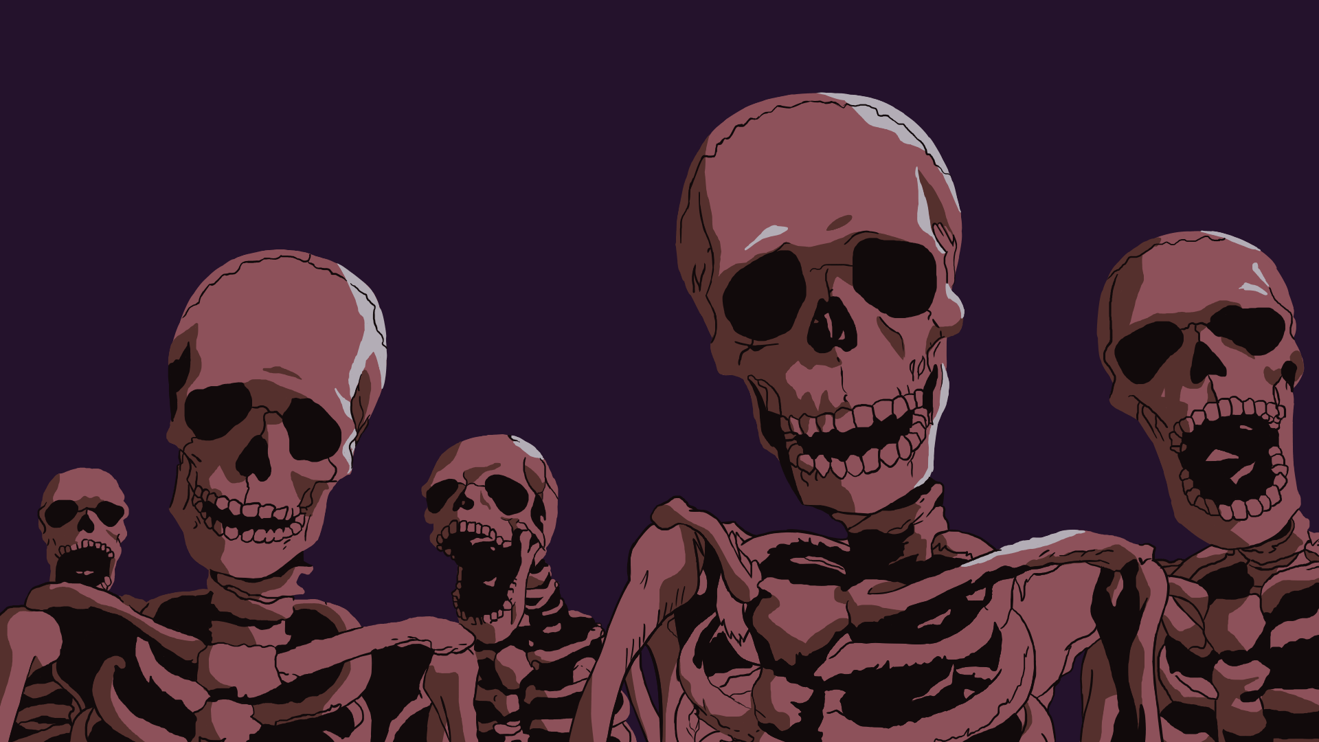 A group of six animated skeletons stand in a row against a dark purple background. - Skull