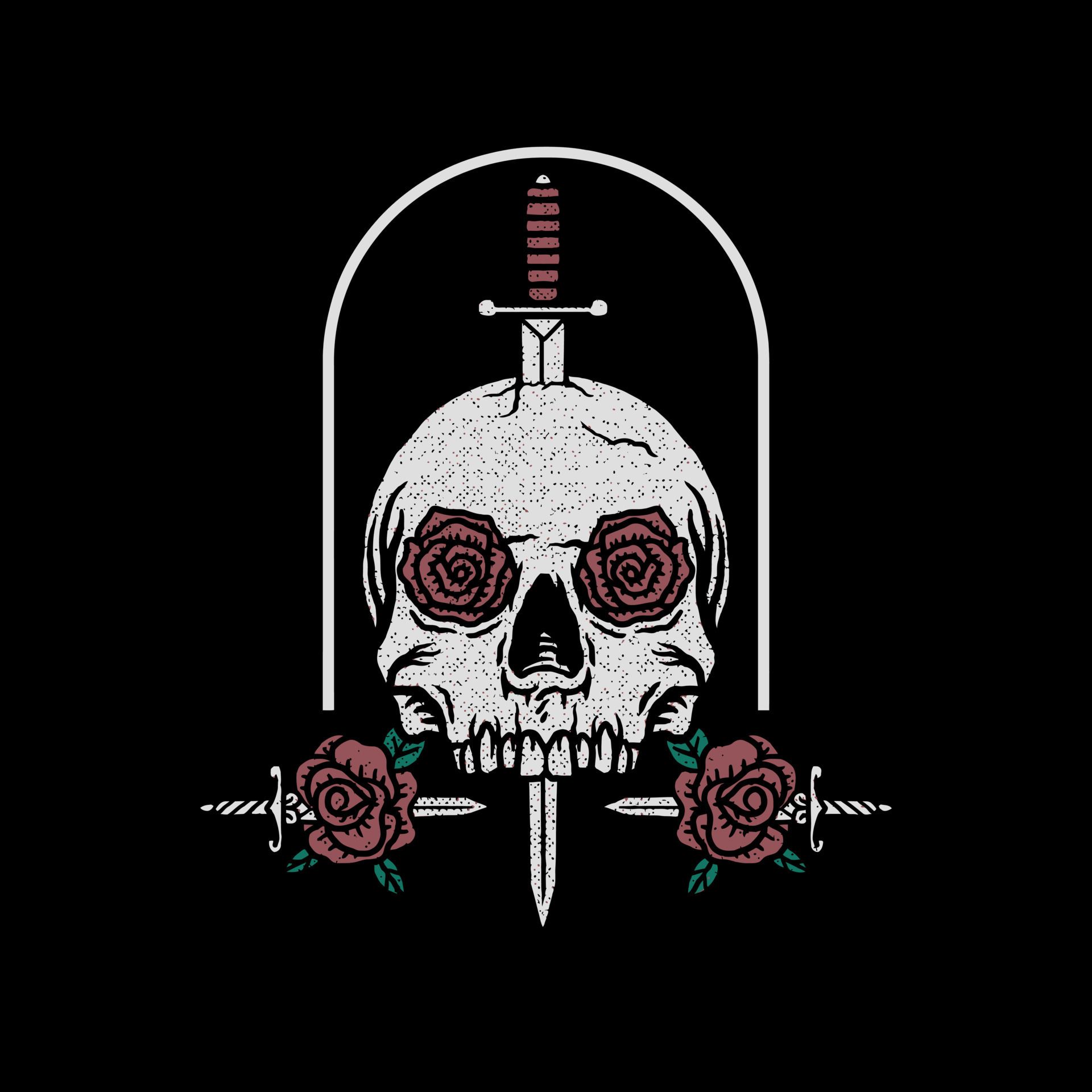 Sword through a skull with a knife and roses