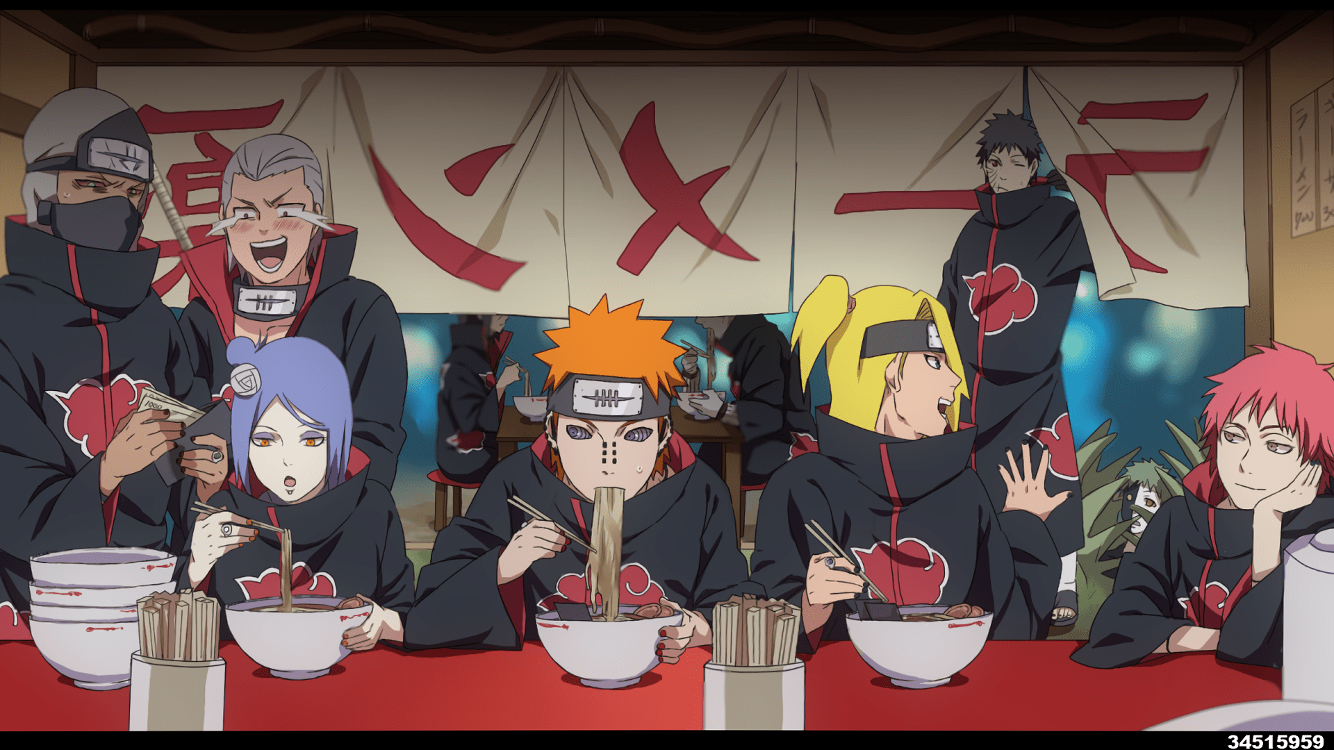 Naruto characters sitting around a table with food and chopsticks - Obito Uchiha, ramen, Naruto