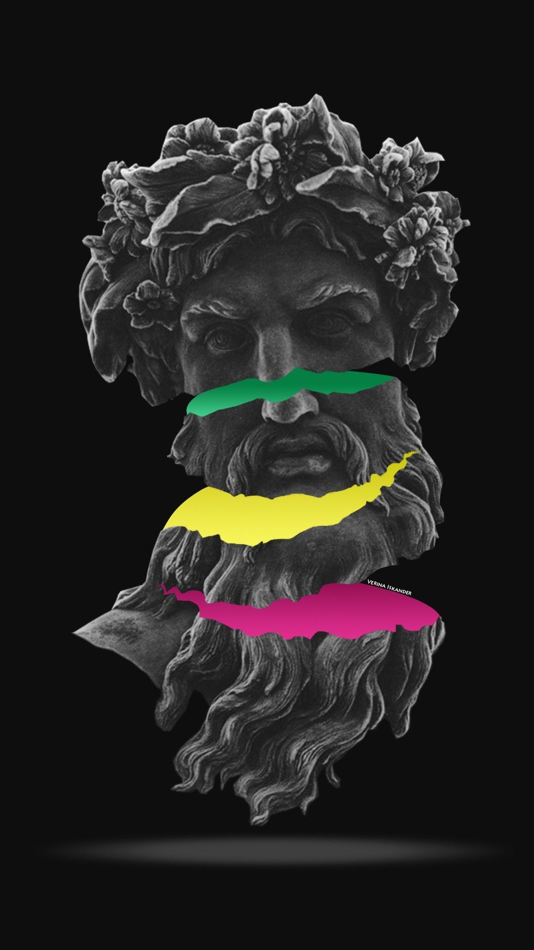 A sculpture of a man's head with a beard and a laurel wreath on a black background. - Neon, Greek mythology