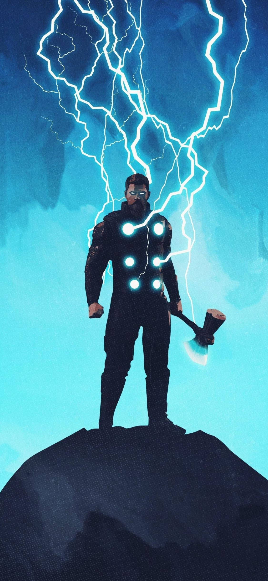 Thor with his hammer standing on a hill with lightning behind him - Thor