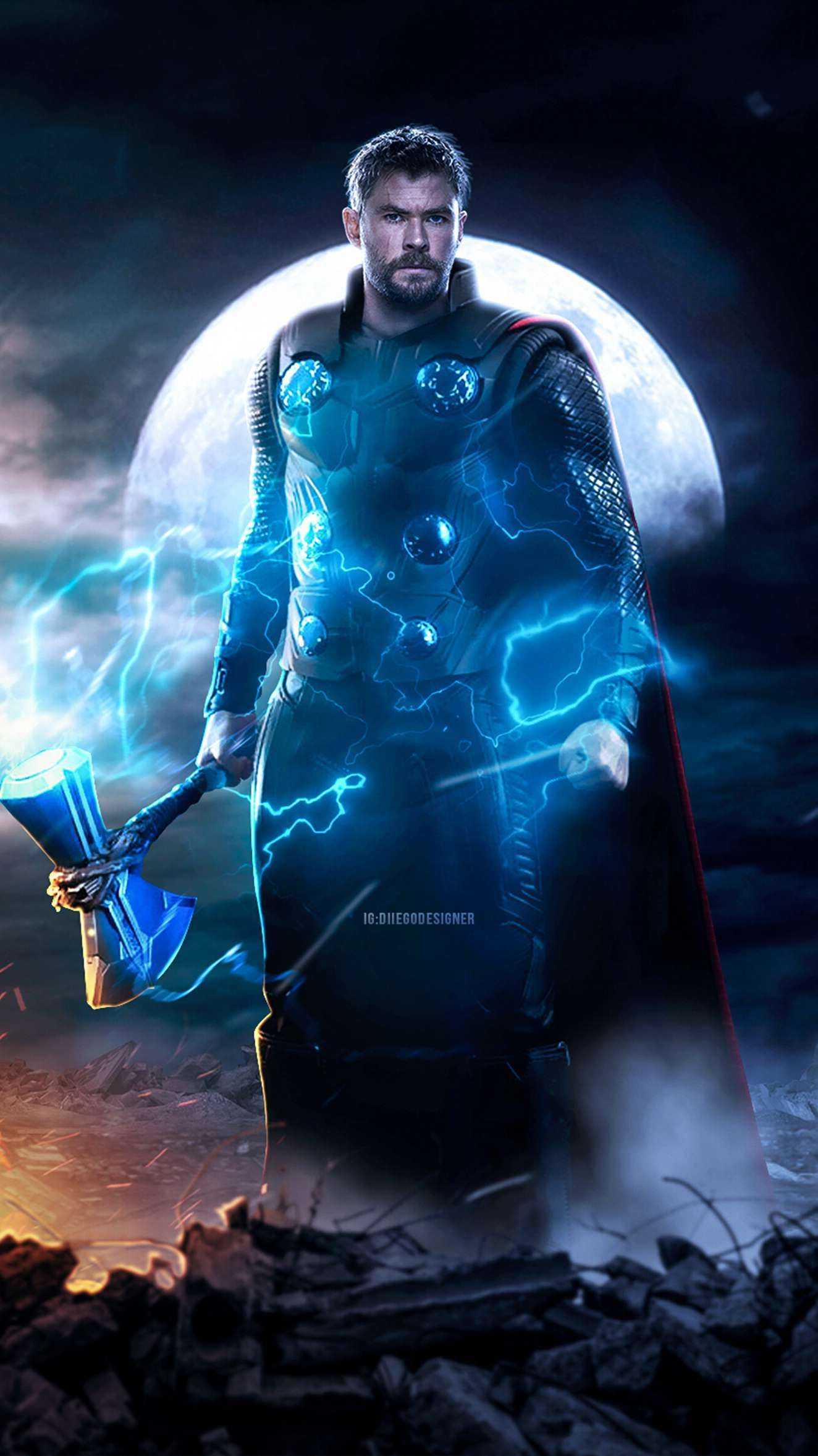 Thor standing in front of a full moon holding his hammer in his hand - Thor