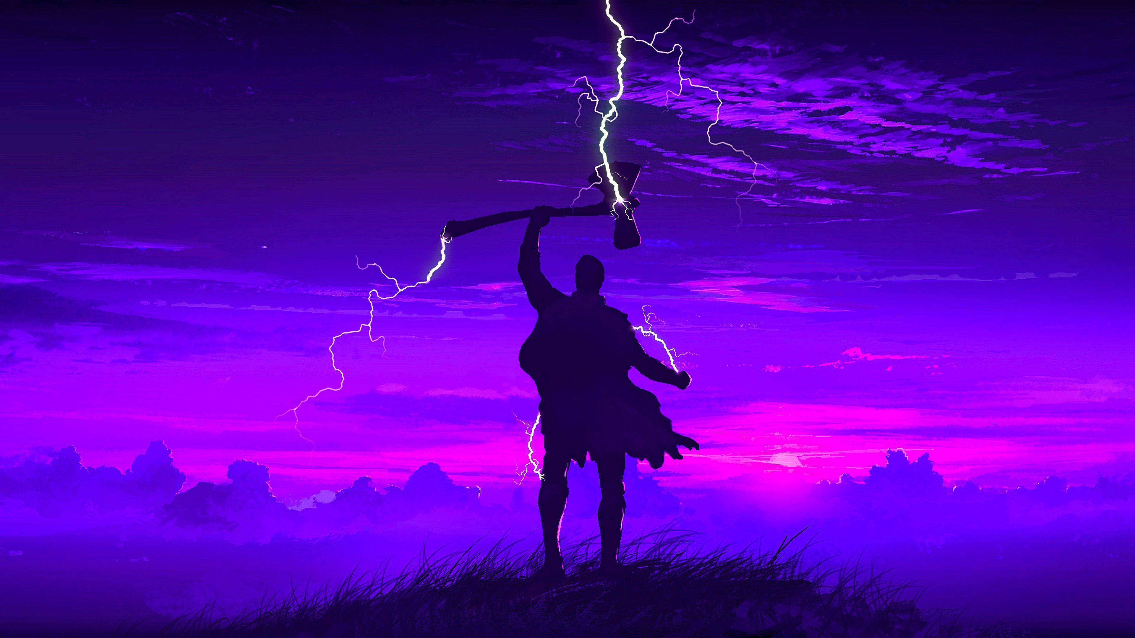2560x1440 wallpaper of a silhouette of a man holding a hammer with lightning coming out of it, on a hillside with a purple sky - Thor