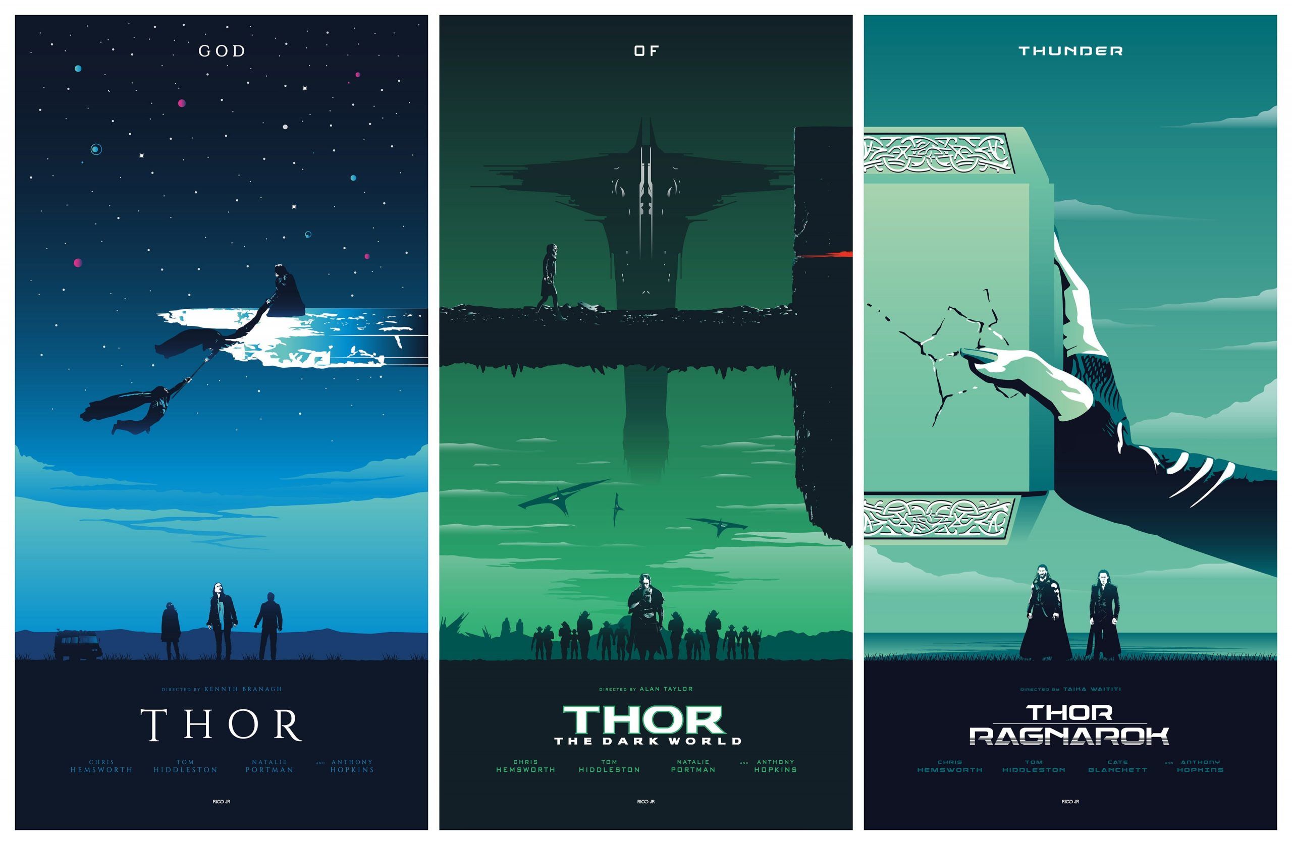 Three Thor posters, each showing a different scene from the movie. The first one has Thor riding a giant bird, the second one has Thor holding a hammer in front of a bridge, and the third one has a hand holding a knife in front of a door. - Thor