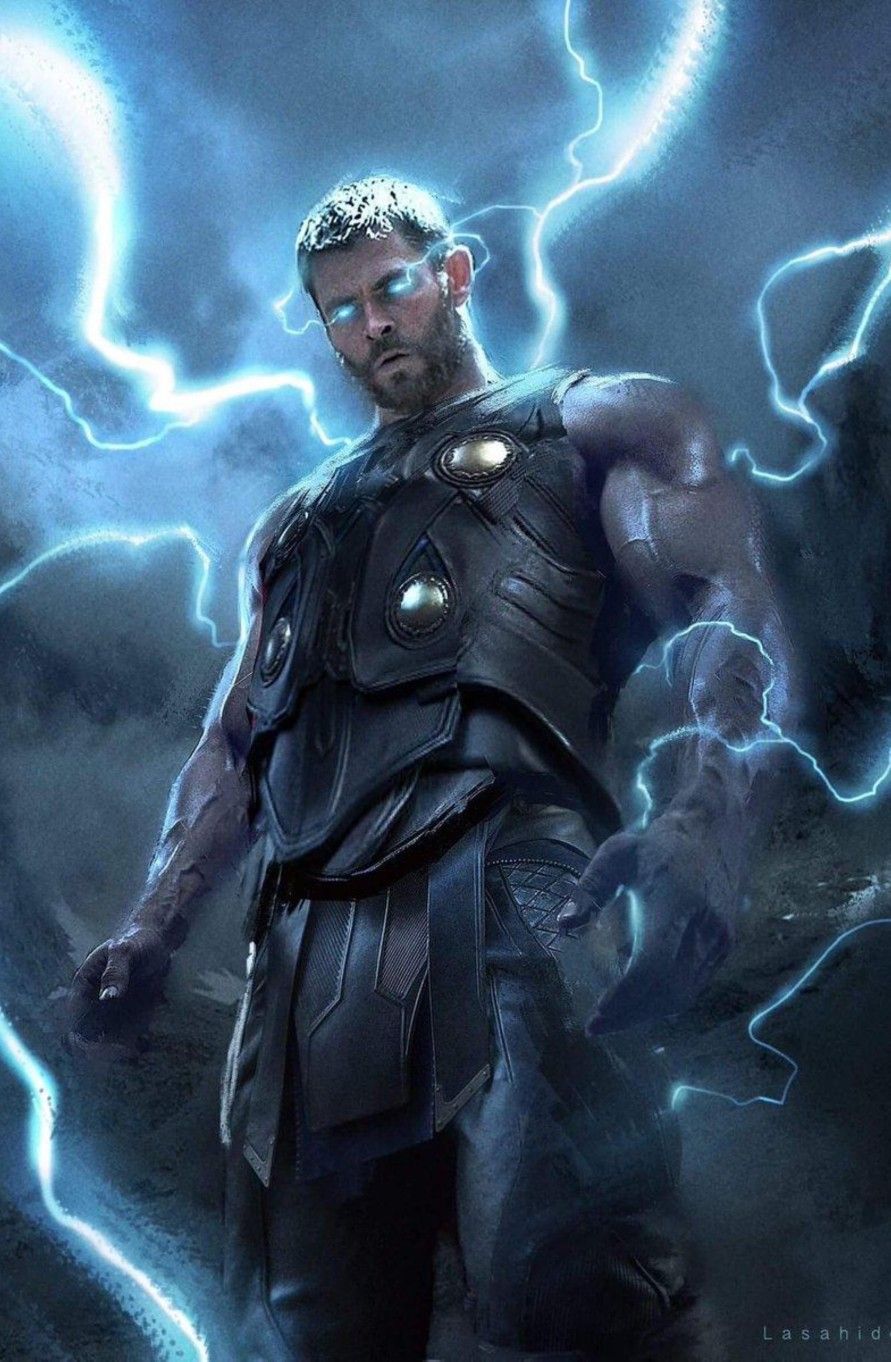 Thor in his battle outfit with lightning behind him - Thor