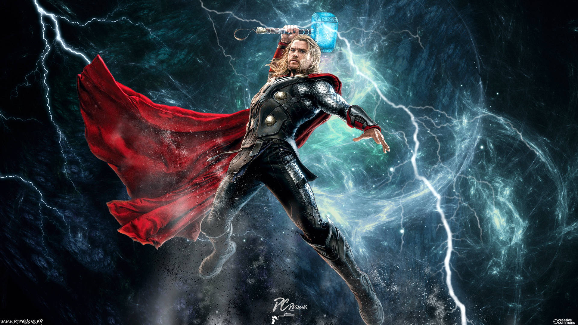 A man in the air with lightning - Thor