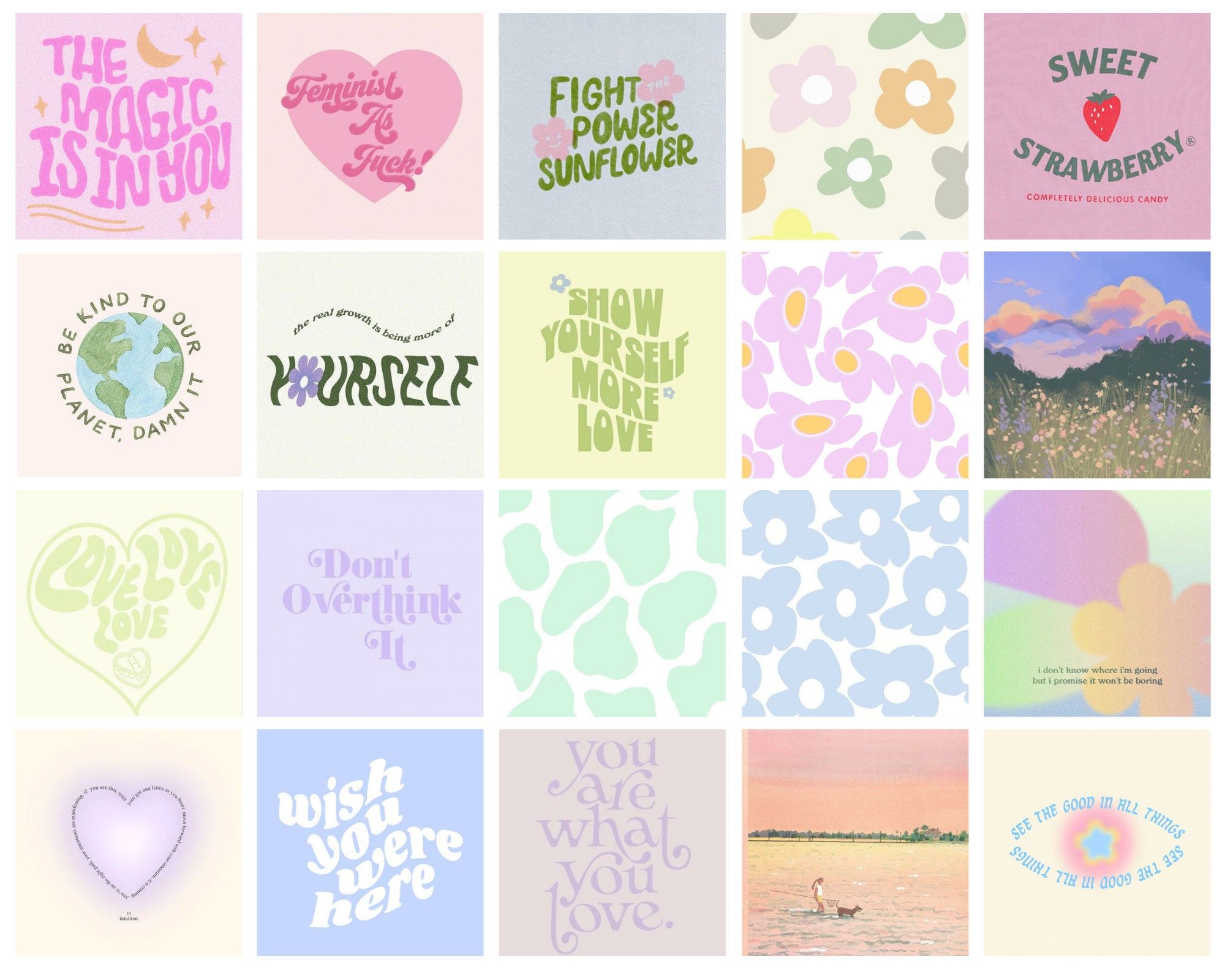 A collage of pastel colored images with positive quotes. - Danish
