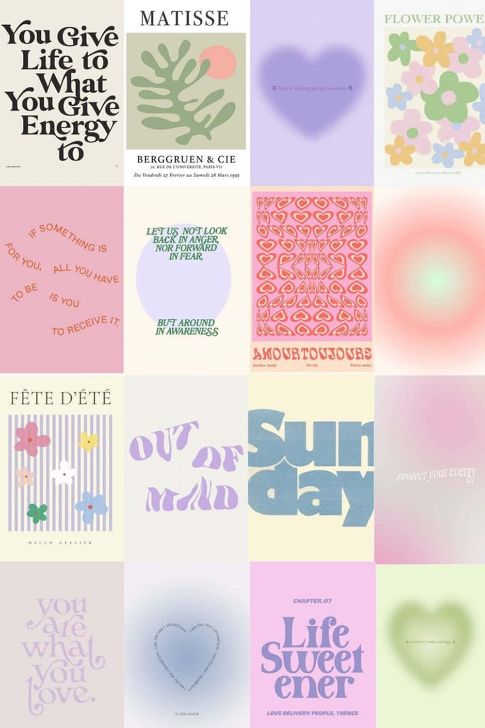 Collage of pastel aesthetic phone backgrounds with inspirational quotes - Danish
