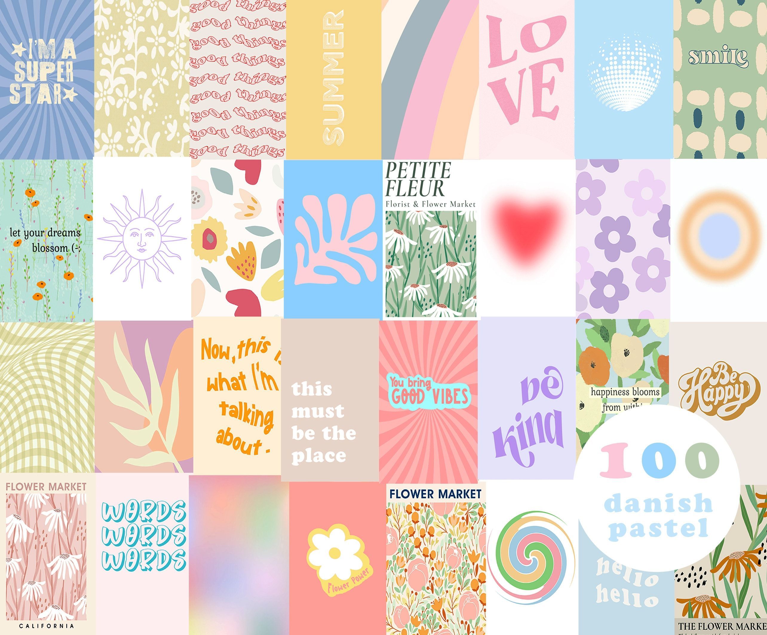 A collage of pastel colored images with flower patterns and words such as love, kindness, and happiness. - Danish