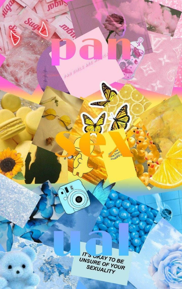 A collage of different items such as a camera, butterfly stickers, lemon slices, and blueberries. - Pansexual