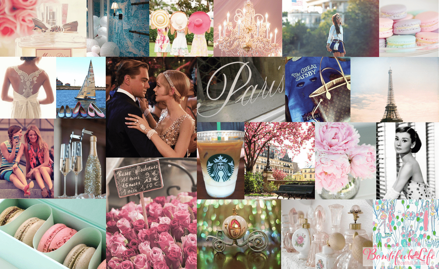 A collage of images including the Eiffel Tower, a couple, a cup of coffee, a bottle of perfume, a box of macarons, and a book. - Danish